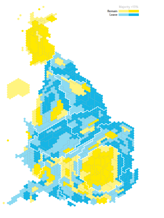 Schematyczna mapa UK z zaznaczeniem okręgów głosujących za Brexitem (niebieski) oraz przeciw (żółty)