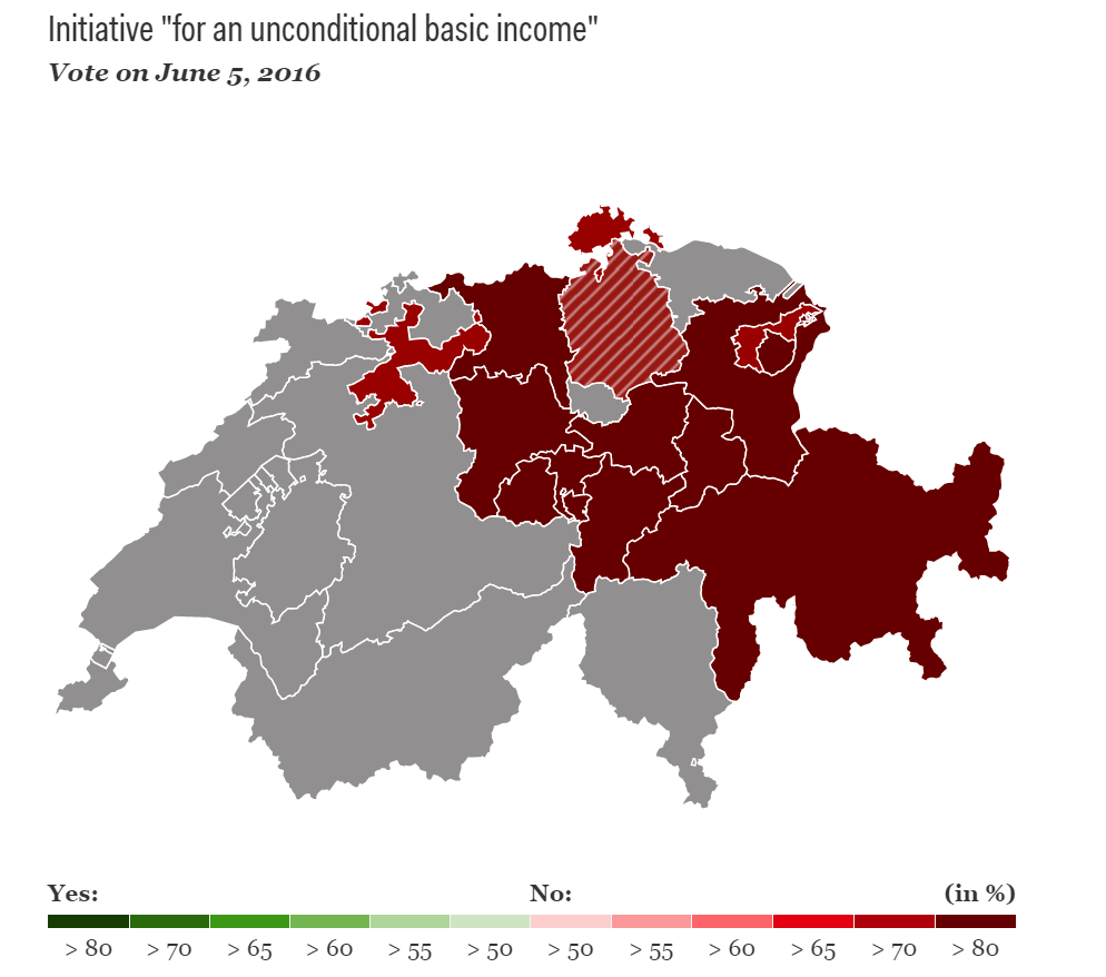 Mapa Szwajcarii z częściowymi wynikami referendum na temat dochodu gwarantowango