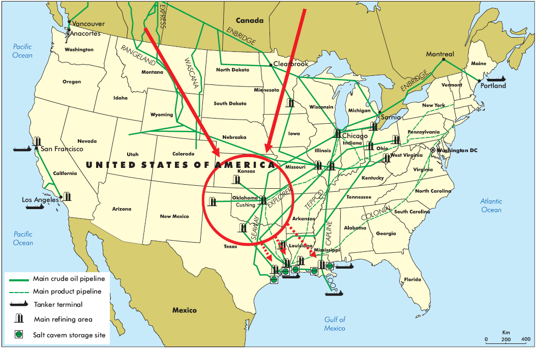 Lokalizacja zbiorników w Cushing Oklahoma oraz wybranych rurociągów